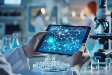 Scientist holding tablet with molecular structure on screen in a modern lab.