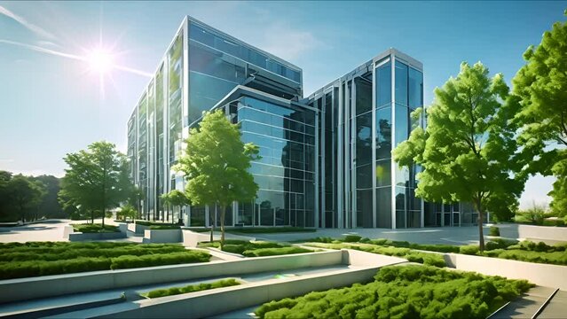 Green environment at corporate building. Office with green environment and trees. Ai Footage.