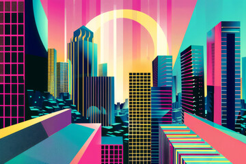 Neon Metropolis: Synthwave-Inspired Urban Sunset Skyline. Retro-futuristic cityscape with vibrant color blocks and sleek, mid-century modern design elements
