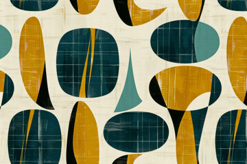 Vintage Vibes: Retro Organic Shapes and Earthy Tones Abstract. A retro barkcloth-inspired pattern with bold teal and mustard organic shapes, mid-century modern decor