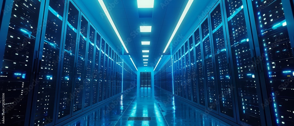 Poster panorama shot of a working data center with rows of rack servers. a blue led light blinks and comput