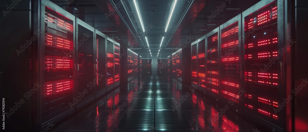 Poster rows of rack servers in a working data center. lights blinking, computers working. darkening ambient