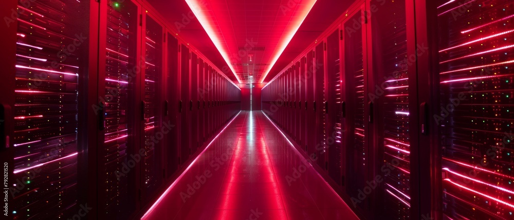 Poster a wide-angle panoramic shot of a working data center with rows of rack servers. red emergency lights