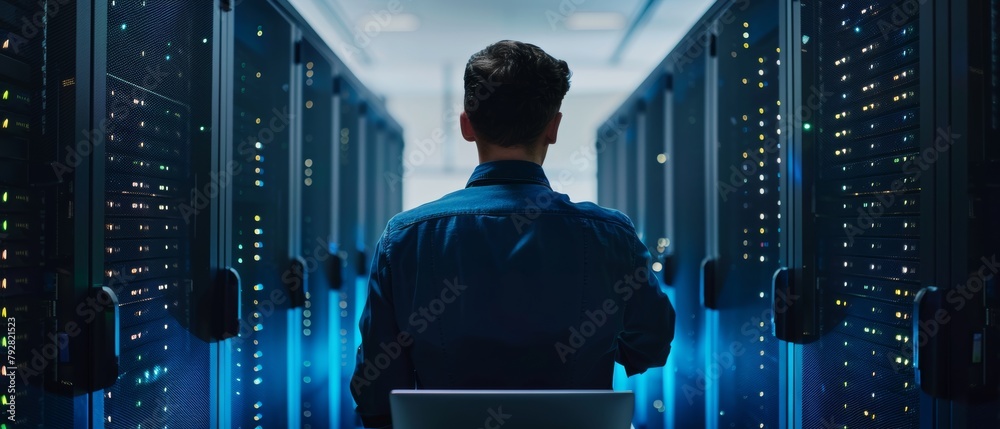 Poster a close up back view of an it professional working on a laptop in a data center near server racks. t