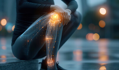 conceptual image of a person with digitally enhanced leg joints indicating sports injury treatment, arthritis