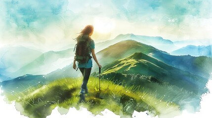 A female hiker walking on a green hill in a watercolor style