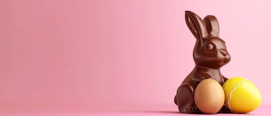 An Easter chocolate bunny with a yellow egg on an Easter pastel pink background. A 3D rendering is shown.