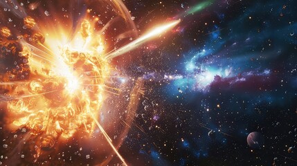 A stunning depiction of a gamma-ray burst, with a massive explosion sending out powerful jets of...