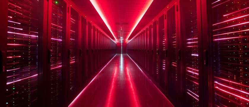 A wide-angle panoramic shot of a working data center with rows of rack servers. Red emergency lights are blinking and computers are active.