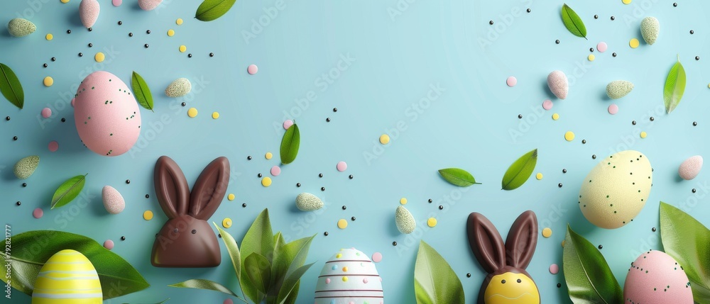 Wall mural An Easter egg design accompanied by green leaves and a chocolate bunny on a pastel blue background. An artistic rendering in 3D.