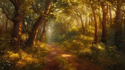 A sunlit forest path winding through a canopy of trees, where the dappled light creates a magical ambiance in the woods.