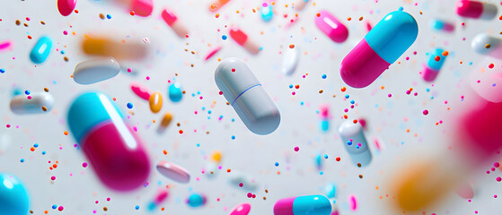Polychromatic capsule chaos, white seamless stage showcasing colors, medicinal hues colliding, flawlessly lifelike macro capture. - obrazy, fototapety, plakaty