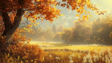 A sunlit meadow alive with the colors of autumn, where golden leaves dance on the breeze and the air is crisp with the promise of fall.