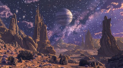 A surreal panorama of a distant alien world, with towering rock formations, vast deserts, and a sky filled with unfamiliar stars and planets. - Powered by Adobe