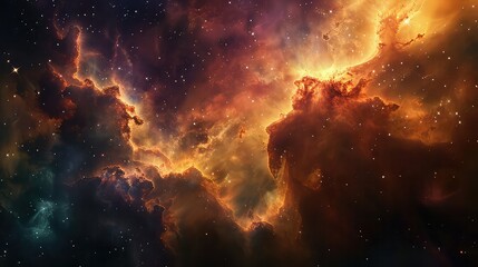A surreal panorama of a nebula, with glowing clouds of gas and dust  by the light of nearby stars.