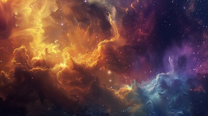 A surreal panorama of a nebula, with glowing clouds of gas and dust  by the light of nearby stars.