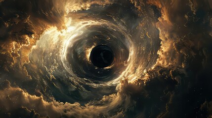 A surreal view of a black hole surrounded by swirling clouds of gas and dust, bending and...