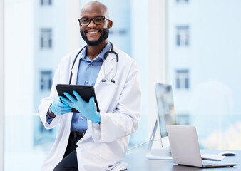 Black man, doctor and happy with tablet for results or report as healthcare worker. Portrait, cardiologist and smile with website for information or treatment guidelines, database or online schedule