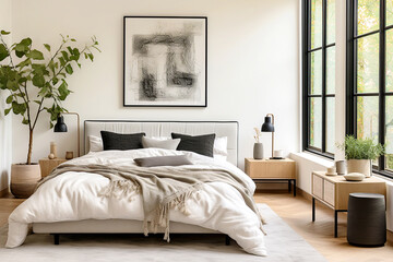 Scandinavian interior design of modern bedroom.