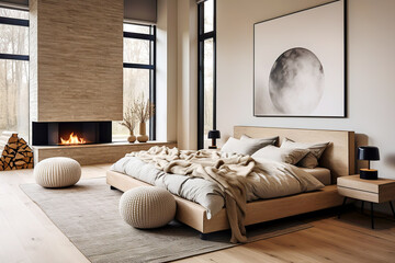 Naklejka premium Minimalist interior design of modern bedroom with fireplace.