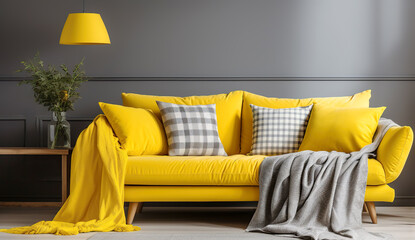 Vibrant yellow sofa with grey pillows and plaid against grey wall with copy space. Scandinavian, hygge interior design of modern living room, home.