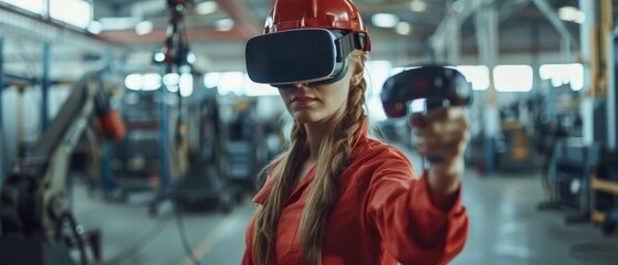 A female industrial engineer using VR technology for industrial design, development, and prototyping in CAD software wearing a virtual reality headset and holding controllers.