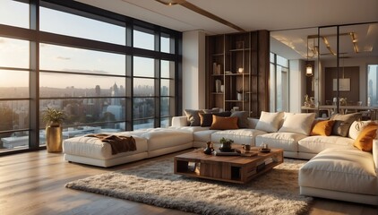 white wood theme penthouse living room luxury unit with sofa and morning sunlight rays from Generative AI