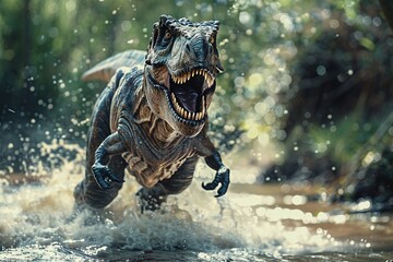 Running Dinosaurs jumping over the camera in a river with splashes. T Rex in action speed scene