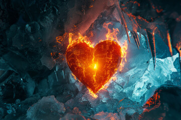 A burning 3D heart inside a blue ice cave - obrazy, fototapety, plakaty