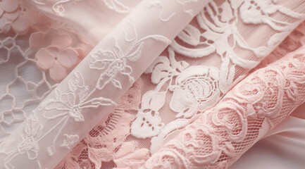 A closeup of delicate lace details on pink and white strappy outfits