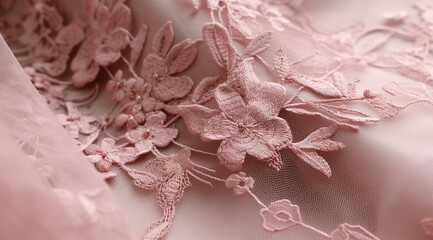 Pink lace embroidered with delicate flowers on the fabric