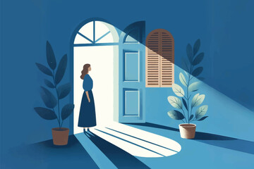 flat vector illustration depicting a peaceful moment of a woman standing in front of a blue wall with wooden windows, surrounded by soft shadows cast by sunlight