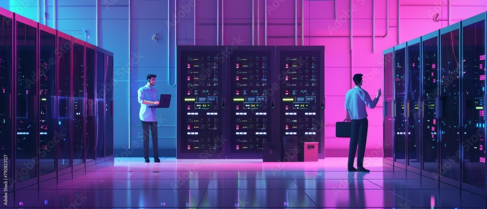 Poster data center engineer and it specialist working with server racks, talking, checking the database wit
