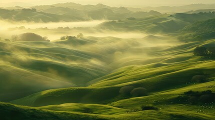 Rolling hills bathed in the soft light of dawn, where mist rises from the valleys to create an enchanting and ethereal atmosphere.