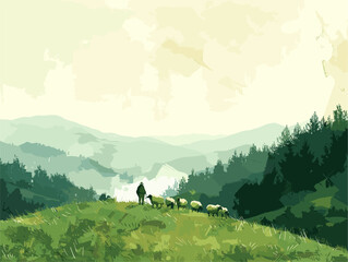 Shepherd Guiding his Flock: A Tranquil Countryside Idyll with Animated Illustrations