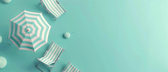 Summer vacation concept. 3D rendering of a beach umbrella and beach chairs on a pastel blue background.