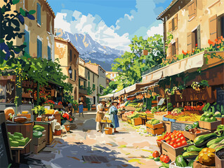 Obraz premium Vibrant Marketplace: An Animated Bustle of Fresh Delights Amidst Colorful Charm