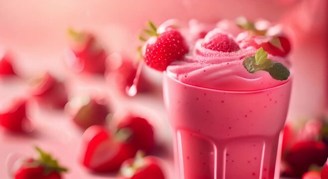 Strawberry smoothie, beautifully decorated, looks very delicious, realistic photo 4k, realistic image ,high quality, sharp focus and contrast
