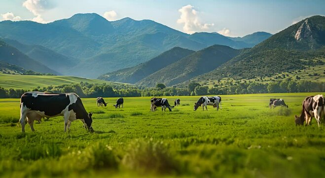 photo of cows grazing in a vast green meadow. The fresh, lush grass beneath the animals' feet provides a refreshing contrast against the gentle greenery stretching to the horizon