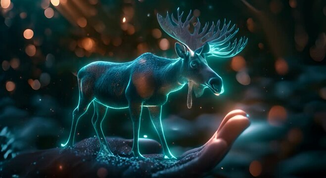 A moose 3d hologram coming out of the tablet screen in hand, exquisite details, realistic, ultra-clear picture quality