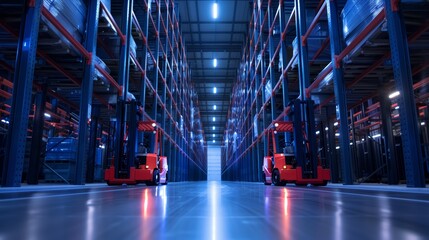 A pair of gleaming red forklifts performing deft maneuvers down stark navy-blue aisles, showcasing efficiency and color dynamics in warehouse operations