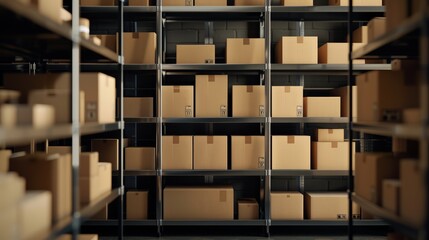 Brown cardboard boxes arranged meticulously on gleaming, metallic shelves, capturing the essence of organized storage and inventory precision