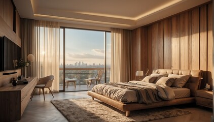 beige wood theme penthouse bedroom luxury unit and morning sunlight rays from Generative AI - obrazy, fototapety, plakaty