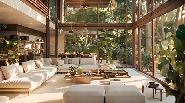 beautiful interior design, light colors, sofas, lots of natural light and natural trees in the scene