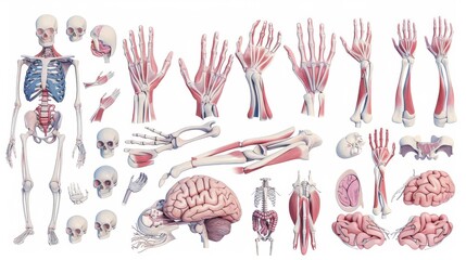 Human hand bones with names and descriptions. Modern illustration isolated on white.