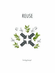 Vector cartoon sketch of reuse sign with green leaves. Sustainable lifestyle. Plastic free ecological poster. Zero waste Concept.