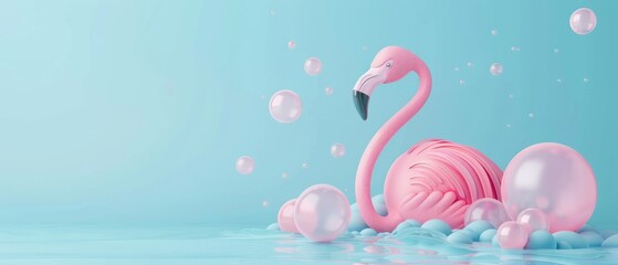 An image of flamingo rubber against a pastel blue background. Summer concept. 3D rendering.