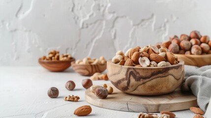 Fototapeta na wymiar Bowl of assorted nuts walnuts, almonds, peanuts, hazelnuts, and beans, no meat, Mixed nuts for health lovers, good nutrition. 
