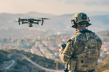 Soldier operating a drone with a controller overlooking a hilly cityscape.