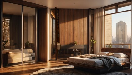 brown wood theme penthouse bedroom luxury unit and morning sunlight rays from Generative AI - obrazy, fototapety, plakaty